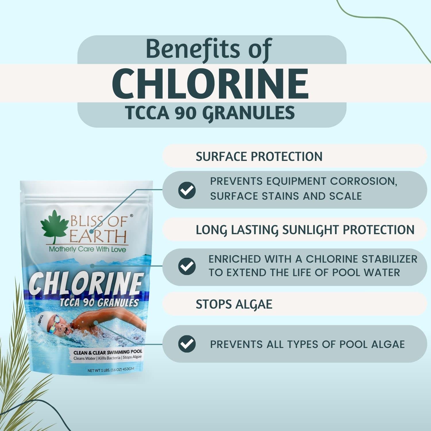 Bliss of Earth Japanese Chlorine Powder for Pool 453g, Clean & Clear Swimming Pool, Kills Bacteria & Stops Algae, Pool Disinfectant Granular Chlorine
