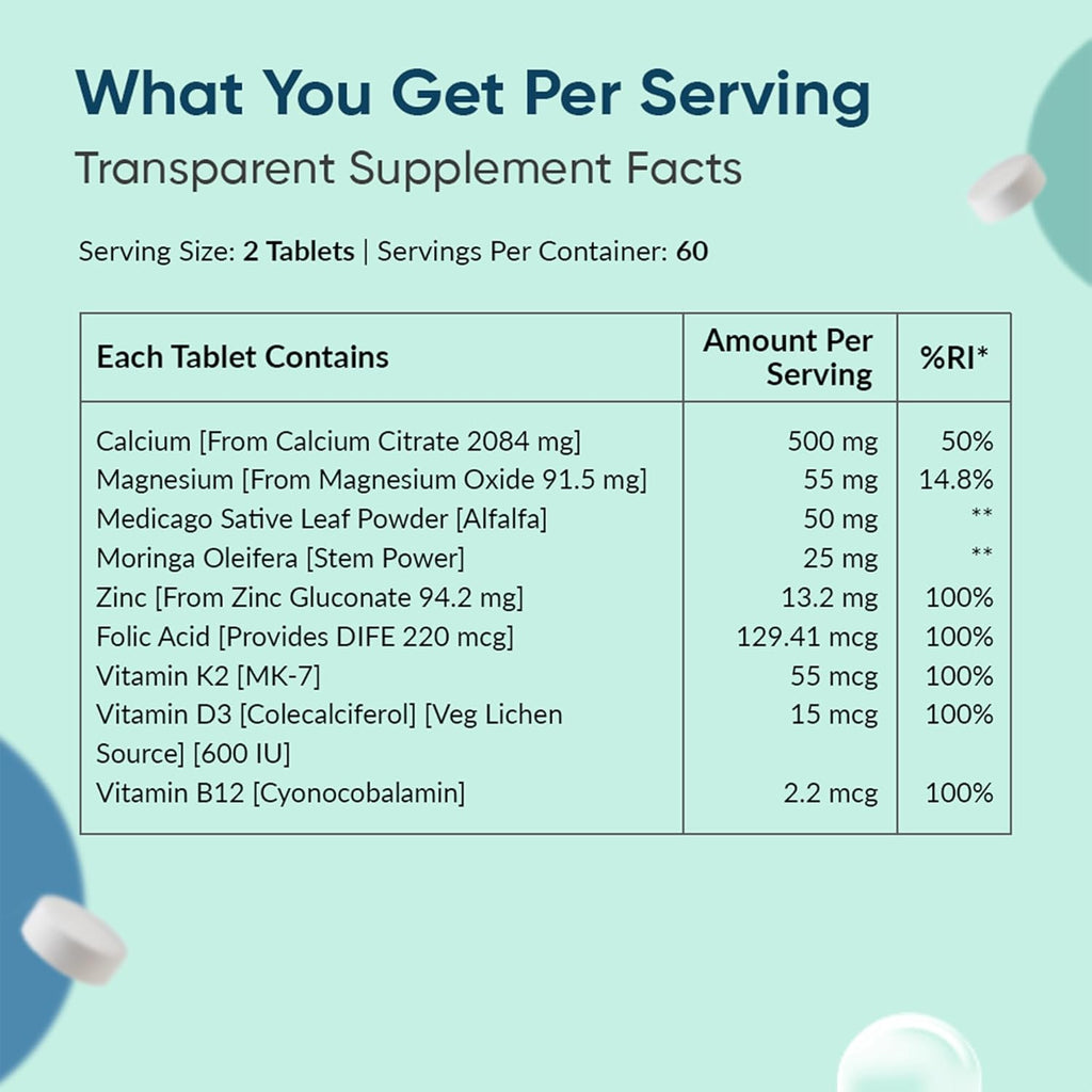 Ambrosial Calcium Pro & Vitamin D3 Tablets with Magnesium, Zinc, Vitamin K2 MK-7 & B12 | Calcium Citrate Malate Supplement With Alfalfa & Moringa Extracts for Men & Women | 120 Vegetarian Tablets