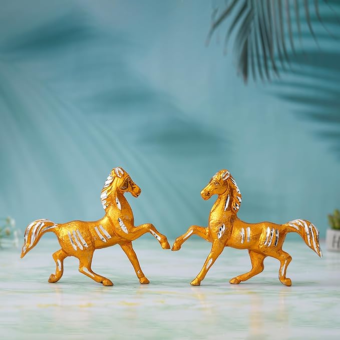 Ecraftindia Set of 2 Golden Running Horse Statues Animal Figurines Decorative Showpieces