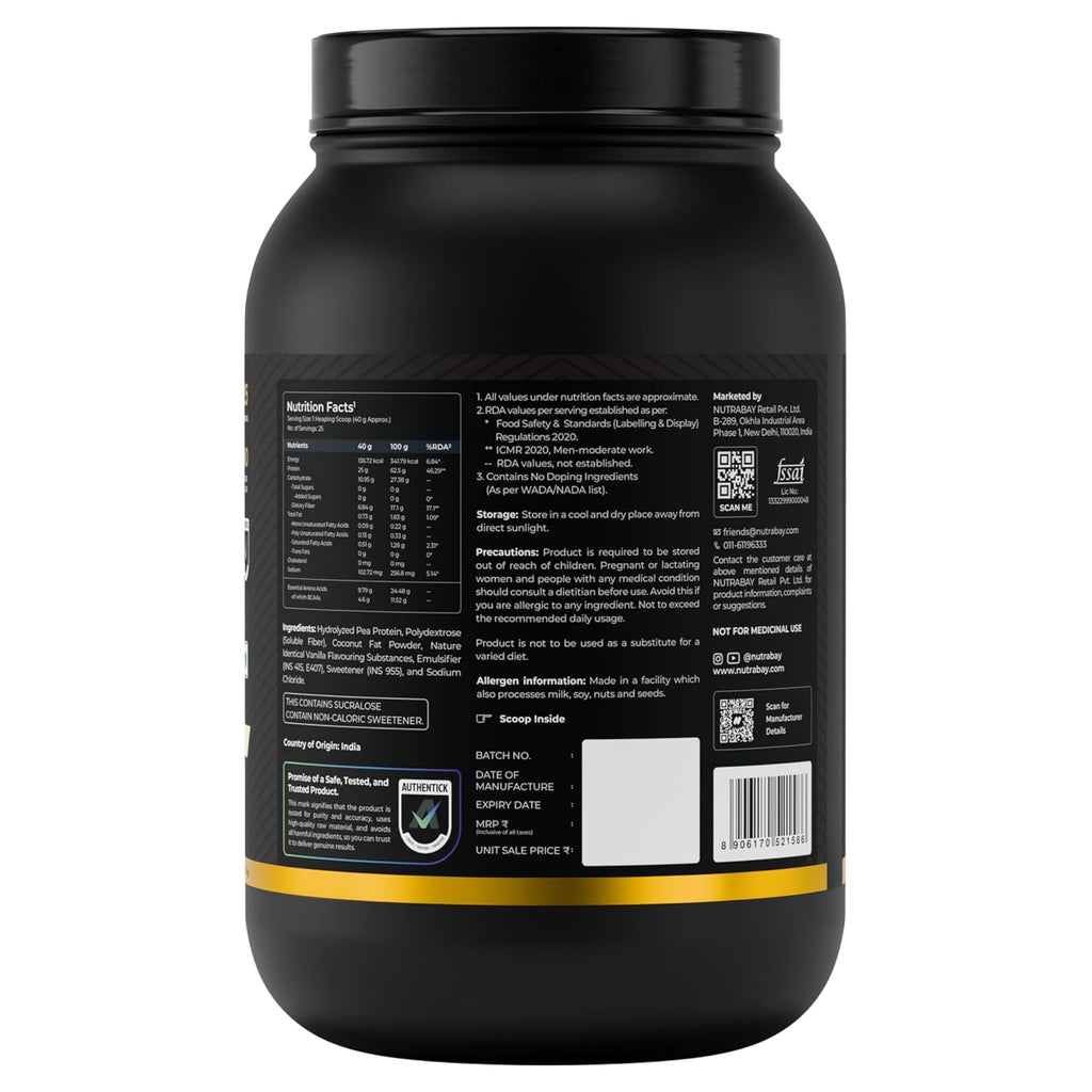 NUTRABAY Gold 100% Pea Protein Powder - 1kg, French Vanilla | 25g Protein, 4.6g BCAA, 5g Fiber | Complete Amino Profile | Tastiest & Smoothest Vegan, Plant Protein | Muscle Gain & Fast Recovery