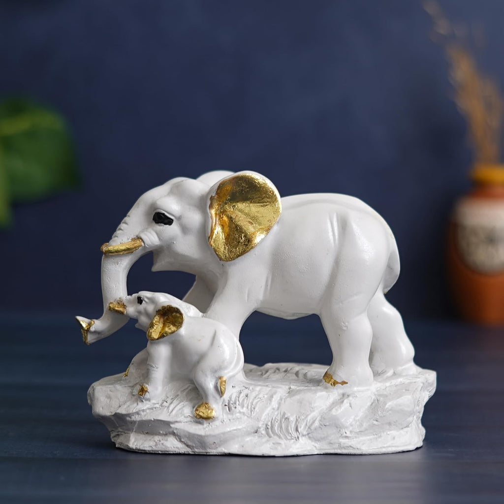 Ecraftindia White Golden Cute Elephant With Baby Elephant Statues Animal Figurines Decorative Showpieces