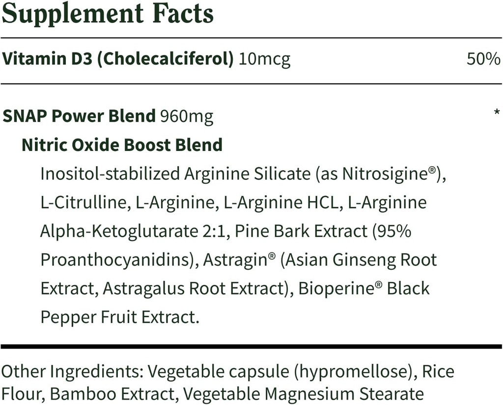 Snap Supplements L-Arginine Capsules with L-Citrulline and 3 Forms of L-Arginine to Support Healthy Circulation, Nitric Oxide & Exercise Performance, 60 Vegan Capsules (30-Day Supply)
