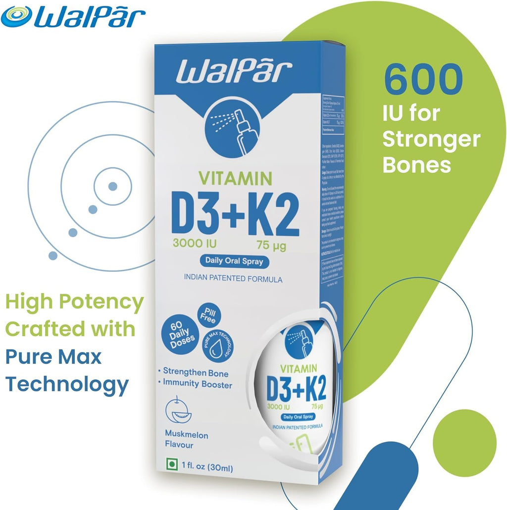 WALPAR Vitamin D3 & K2 Oral Spray (60 Doses) - 600 Iu Multivitamin Spray W/ Muskmelon Flavor - Easy Absorption Oral Vitamin D Liquid Supplement - Bone Health Support & Immune Spray For Adults - Liquid