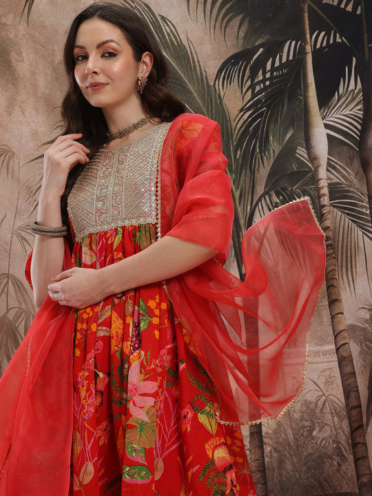Sangria Women Floral Printed Pleated Kurta with Sharara & With Dupatta