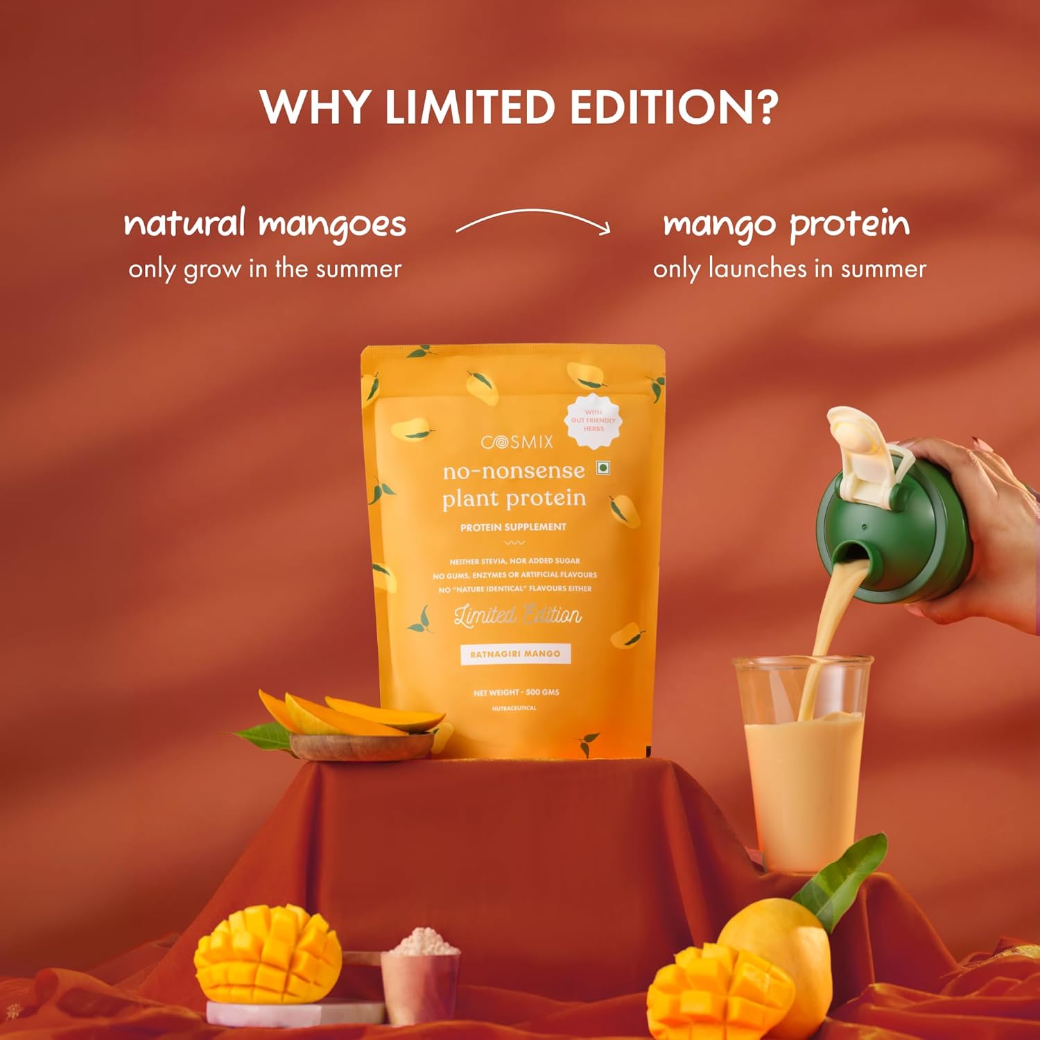Cosmix No-Nonsense Plant Protein | 23 Protein/Serve, 1Kg Pouch | Ratnagiri Mango | Plant Based Protein, Pea & Rice Isolate | Clean, Easy to Digest | All Essential Amino Acids