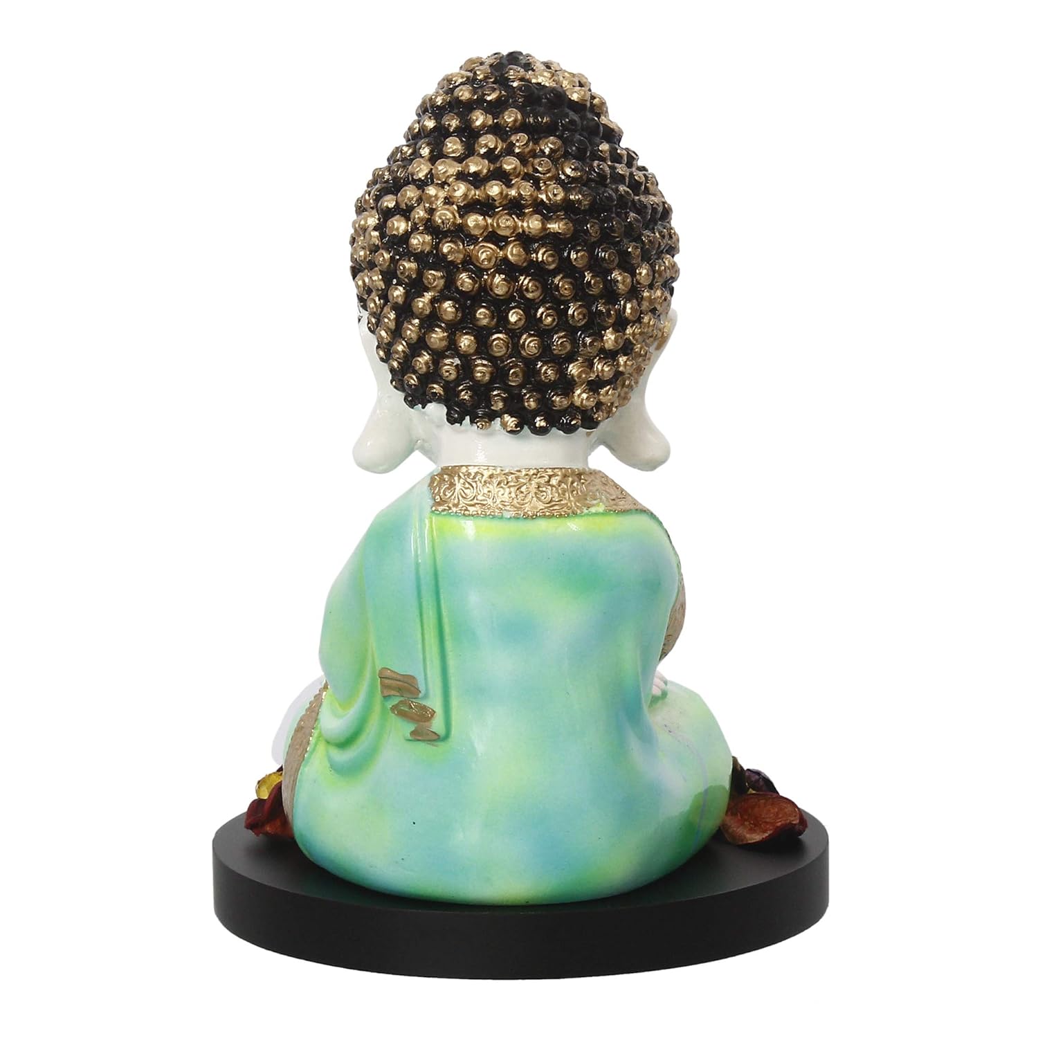 Ecraftindia Green and White Polyresin Praying Little Monk Buddha Statue With Wooden Base | Fragranced Petals Tealight Candle Holder