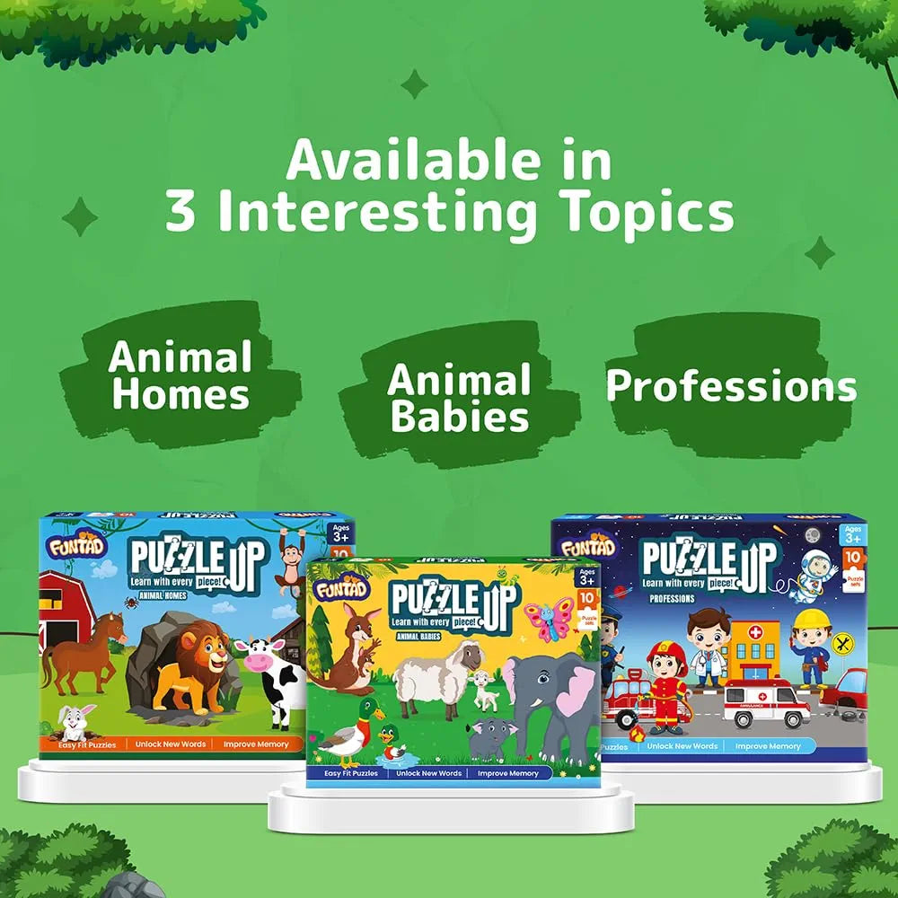 Funtad Puzzle Up Learn Animal Babies 10-in-1 Entry Level Puzzle 45 Big Size Jigsaw Pieces Montessori Educational Toy for Boys & Girls Age 3, 4 & 5 yrs