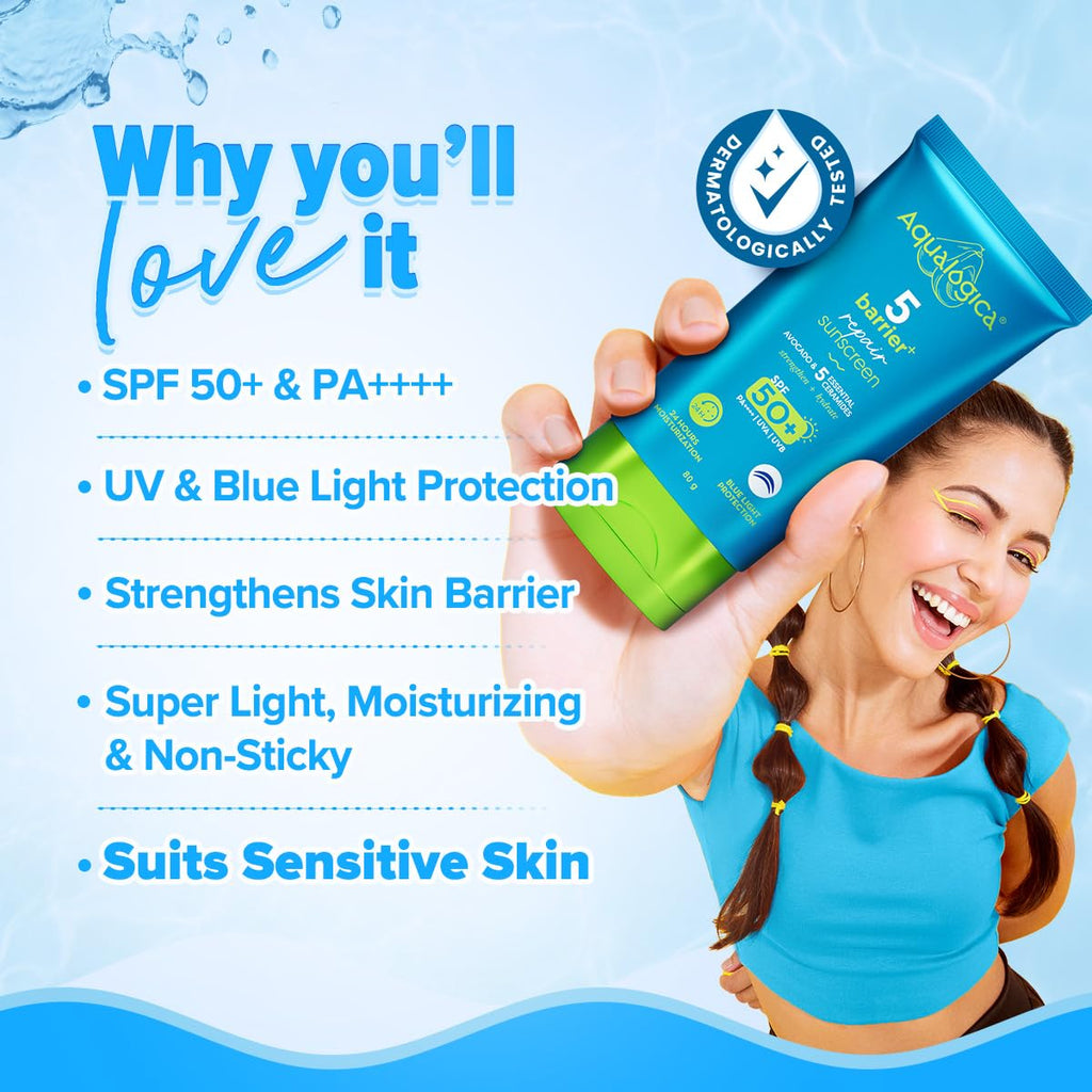 Aqualogica 5 Barrier+ Repair Sunscreen with Avocado & 5 Essential Ceramides | SPF 50 PA++++ | UVA/B & Blue Light Broad Spectrum Protection | Strengthens Skin Barrier | 24 Hr Moisturization | Fragrance Free | 80 g