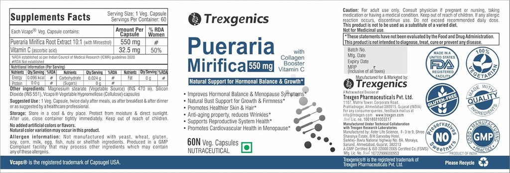 TrexgenicsÂ® PUERARIA MIRIFICA extract 10:1 550mg with Collagen Booster Vitamin C (60 Vcaps)