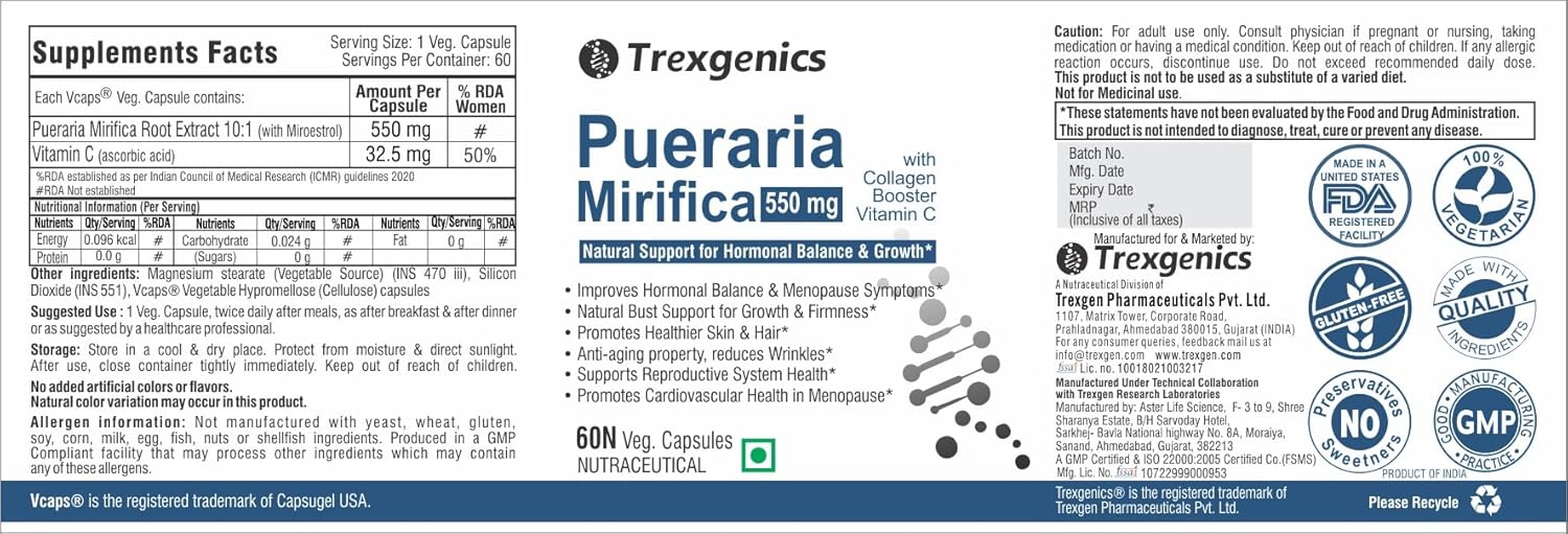 TrexgenicsÂ® PUERARIA MIRIFICA extract 10:1 550mg with Collagen Booster Vitamin C (60 Vcaps)