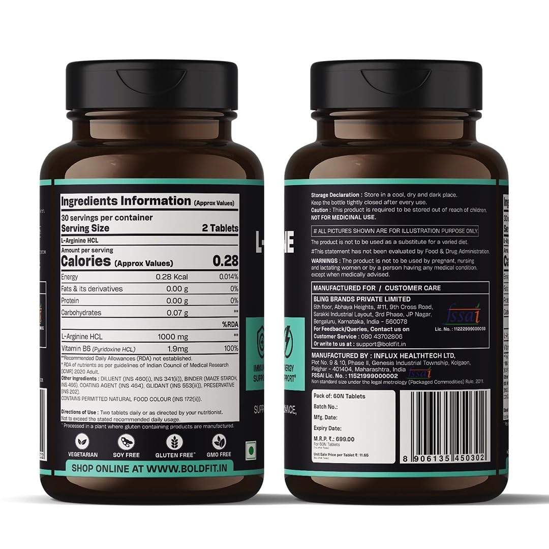Boldfit L-Arginine Supplement 1000mg with Nitric Oxide Arginine Supplement for Men & Women for Muscle Growth, Stamina, Recovery, Immune Booster & Energy - 60 Tablets