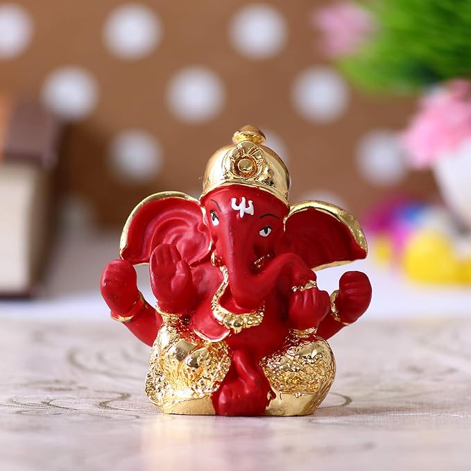 Ecraftindia Gold Plated Red Dhoti Ganesha Decorative Showpiece for Home/ Temple/ Office/ Car Dashboard