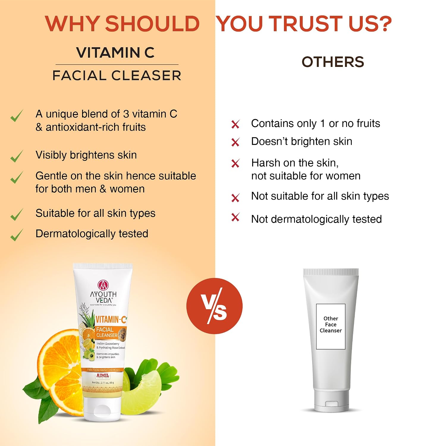 Ayouthveda Vitamin-C Facial Cleanser with Indian Gooseberry, Lemon, Orange & Hibiscus Extracts | Gently Exfoliates, Promotes Collagen & Brightens Skin | Suitable for All Skin Types | 100g