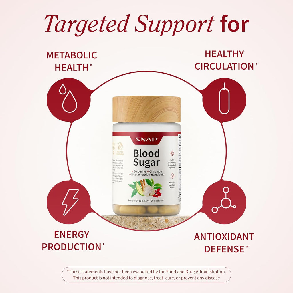 Snap Supplements Blood Sugar Blend with Berberine, CoQ10, Cinnamon, and Gymnema to Support Already Healthy Blood Sugar, Metabolic Health and Energy, Sugar Free, 60 Capsules (Packaging May Vary)