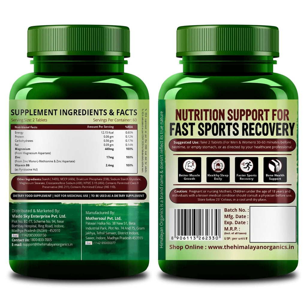 Vlado’s Himalayan Organics ZMA (Zinc Magnesium Aspartate ) Zinc Supplement For Men And Women - Zinc Tablets and Magnesium Supplements with Vitamin B6 - Support Muscle Recovery and Sleep Quality I Sports Recovery - 120 Veg Tablets