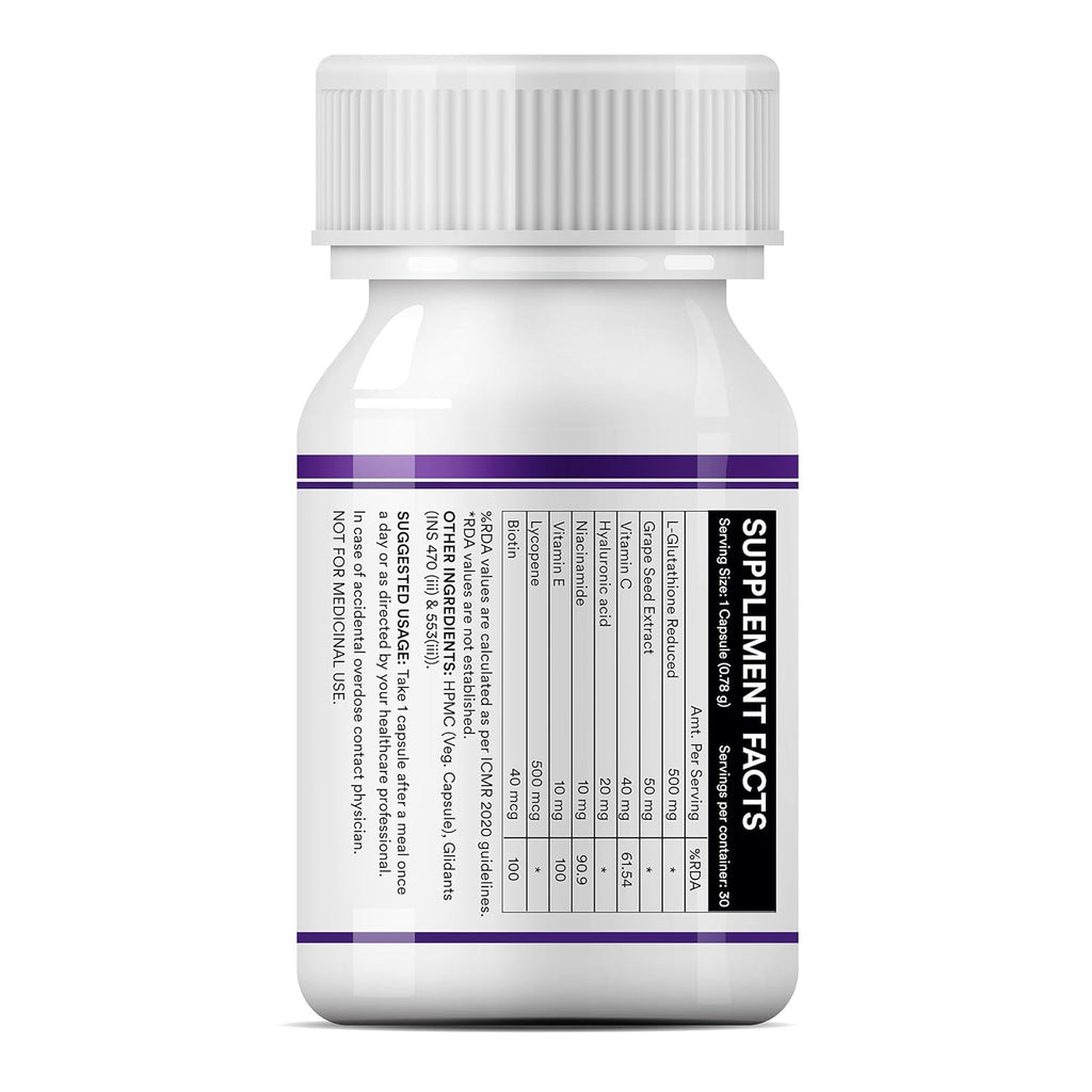 INLIFE L-Glutathione Reduced 500mg | Grape Seed Extract, Vitamin C, Hyaluronic Acid, Niacinamide, Vitamin E, Lycopene & Biotin | Antioxidant Complex for Skin & Immune Support - 30 Vegetarian Capsules (Pack of 1)