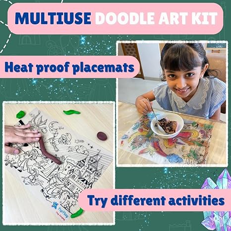 Pepplay Reusable 2 Coloring Placemats Sheet with 6 Erasable Marker Pens Doodle Creative Activity