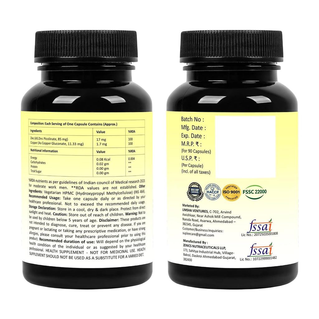 Suplee Zinc Picolinate with Copper Gluconate | High Absorption Zinc Supplement | Immunity, Skin Health & Muscle Support | 90 Veg Capsules