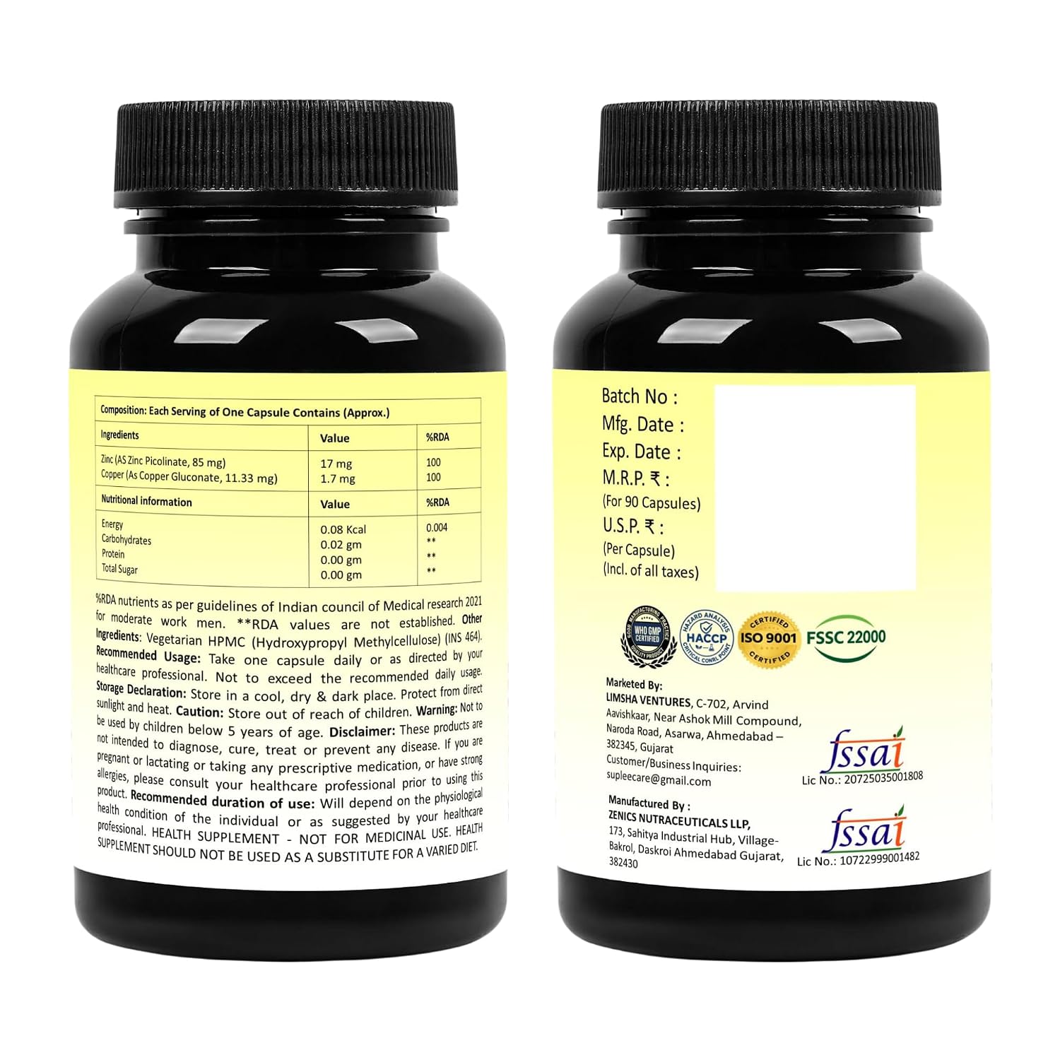 Suplee Zinc Picolinate with Copper Gluconate | High Absorption Zinc Supplement | Immunity, Skin Health & Muscle Support | 90 Veg Capsules