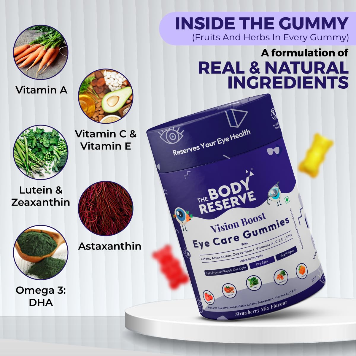 The Body Reserve Vision Boost Eye Care Gummies Enhanced with DHA, Vitamin A, C & E Promotes Vision and Protects from Blue Light & Digital Strain Strawberry Mix Flavoured 30 Gummies(Pack of 1)