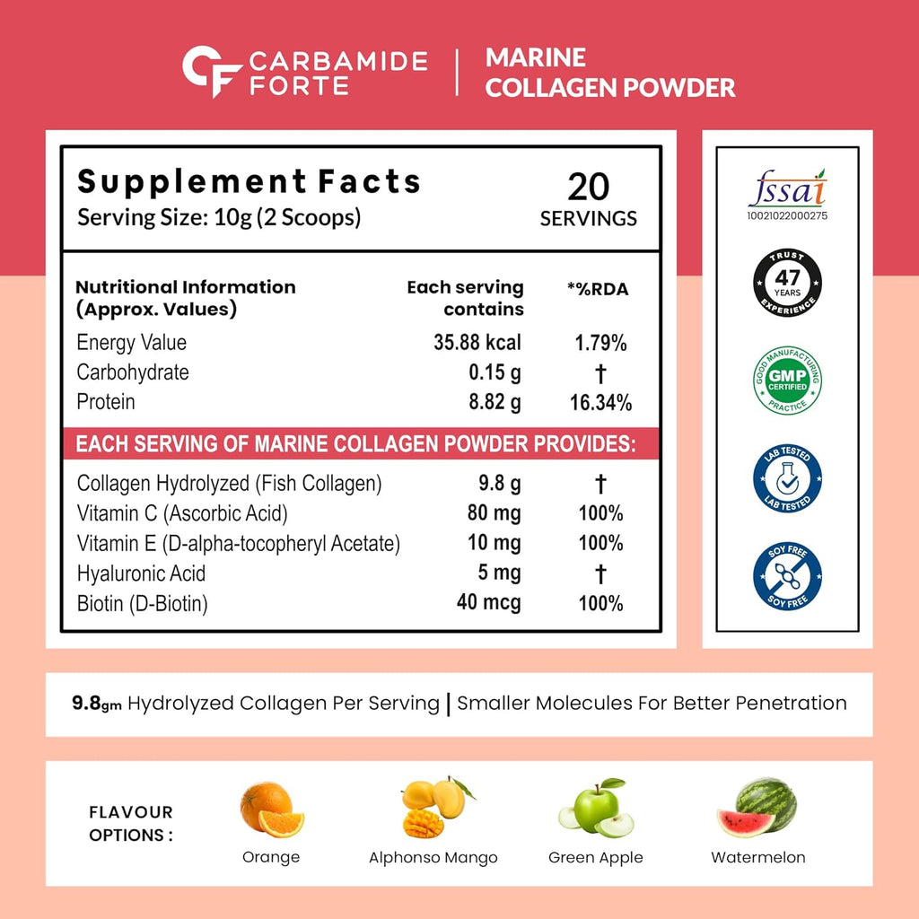 Carbamide Forte Marine Collagen Powder Supplement - for Skin Fish Collagen Powder for Women & Men - 200g Powder - Watermelon Flavour