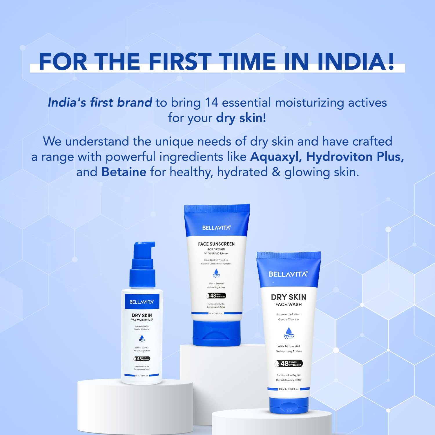 BELLAVITA Sunscreen SPF 50 For Dry Skin|SPF 50 PA++++|Broad Spectrum Protection | No White Cast | Water & Sweat Resistant|Dermatologically Tested|Hydrating Sunscreen|48hrs Hydration | For Men & Women | 50ml