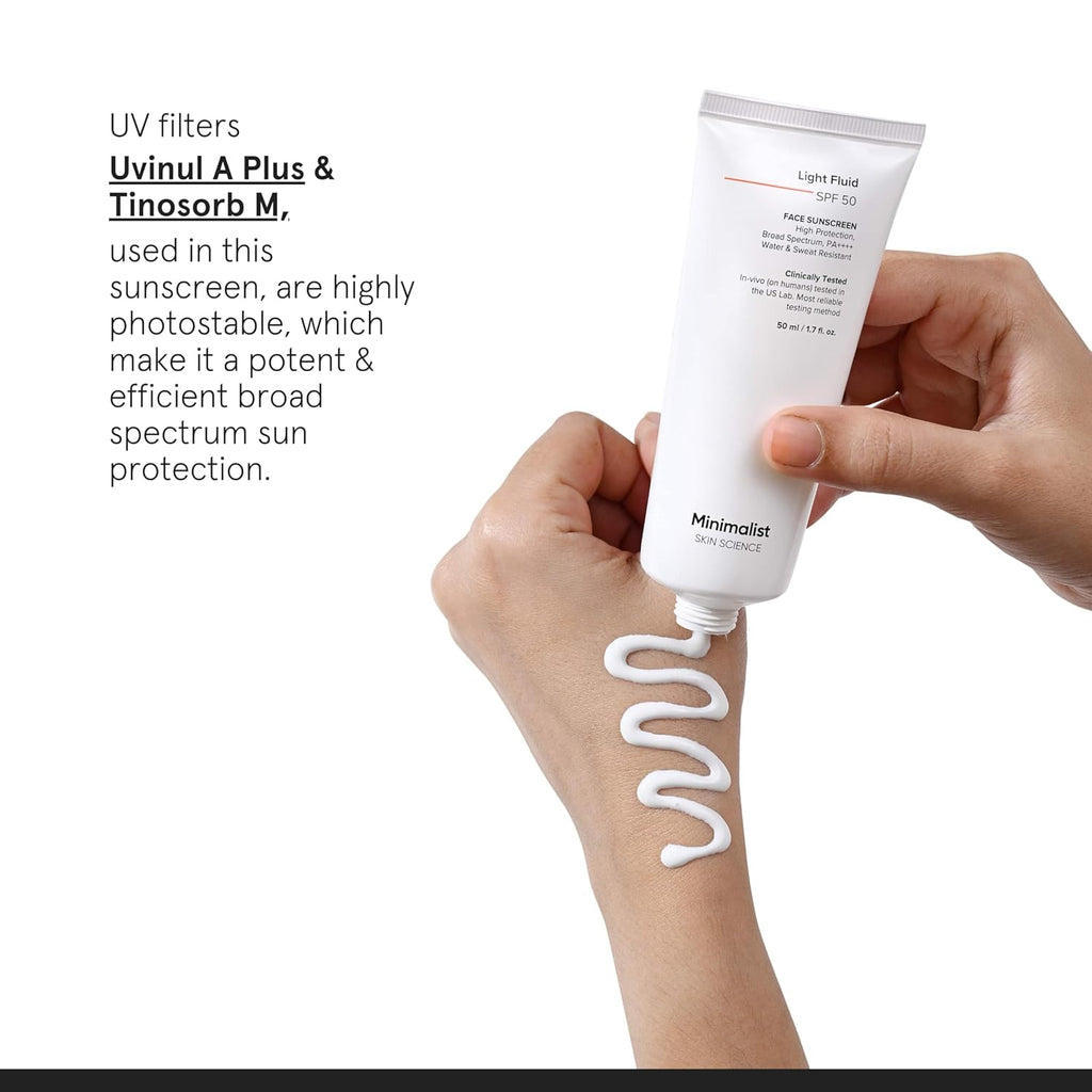 Minimalist Light Fluid Sunscreen SPF 50 for Oily Skin (PA++++) | Clinically Tested in US| No White Cast | Broad Spectrum | Lightweight, Water & Sweat Resistant | For Women & Men | 50ml