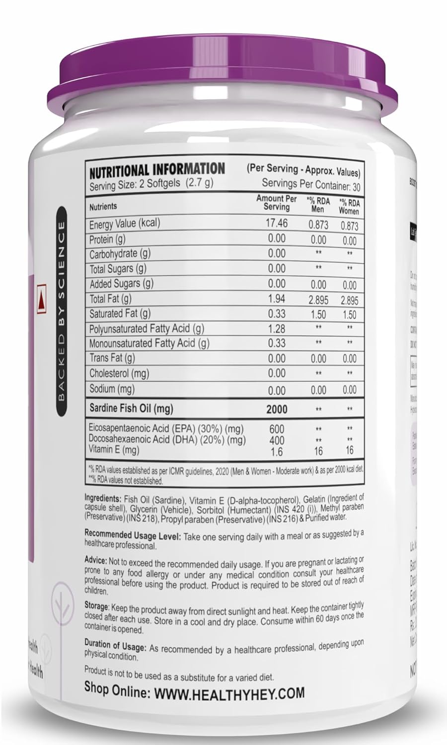 HealthyHey Nutrition Fresh Water Fish Oil - 2000 Mg/serving - 60 Softgel Capsules (600 EPA & 400 DHA)