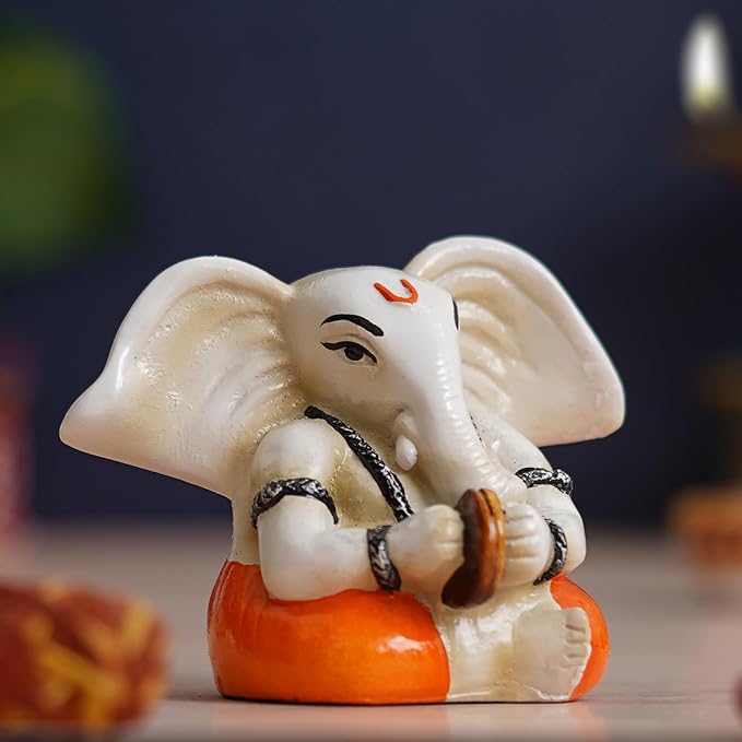 Ecraftindia White & Orange Polyresin Handcrafted Lord Ganesha Idol Playing Cymbals Musical Instrument | Decorative God Statue Ideal