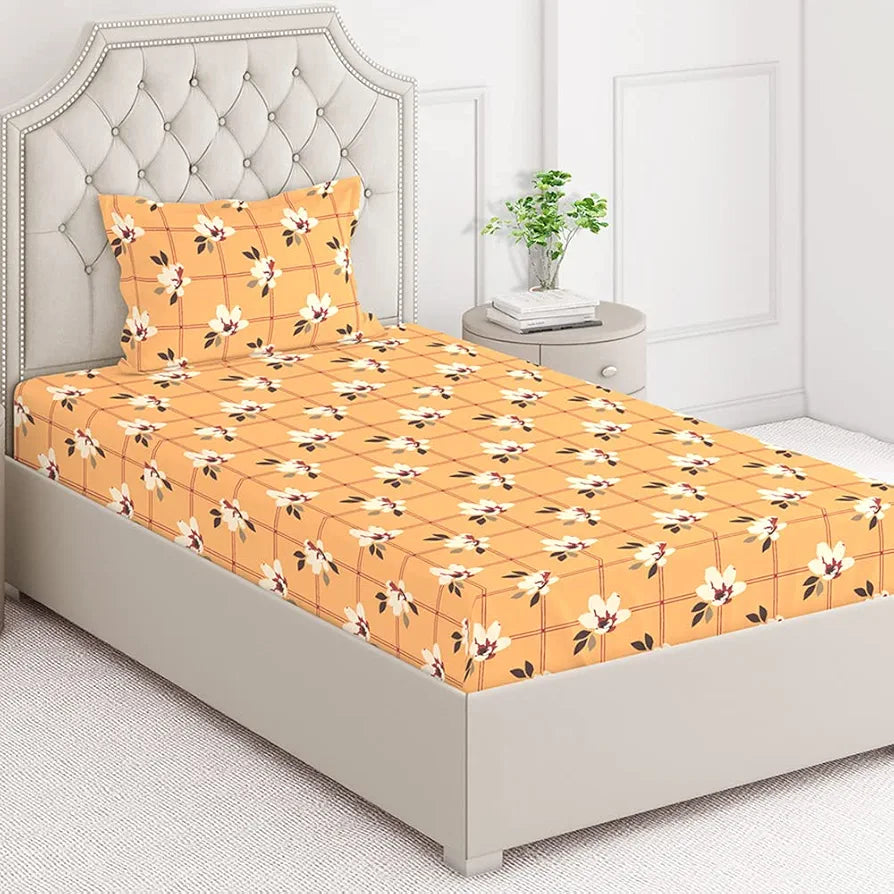 Layers Cotton Bedsheet for Single Bed with 1 Pillow Cover Light Weight Breathable Classic Collection Yellow Floral Pattern