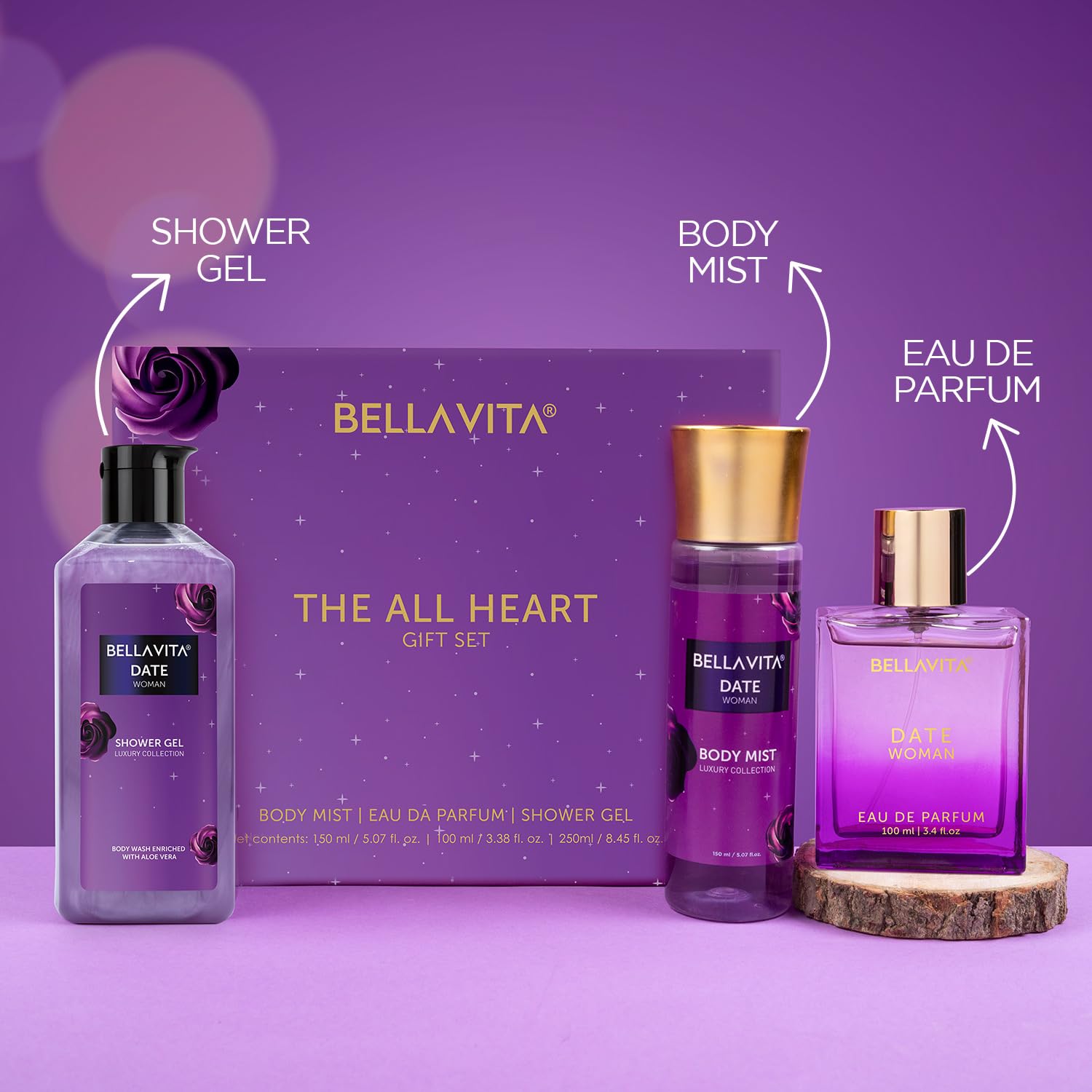 BELLAVITA The All Heart | Long Lasting Gift Set for Woman | Gift for Mom | Gift for Mother's Day | Mothers Day Gift for Mom | with Body Mist 150ml, Shower Gel 250ml and EDP Perfume 100ml | Floral, Fruity Premium Fragrance
