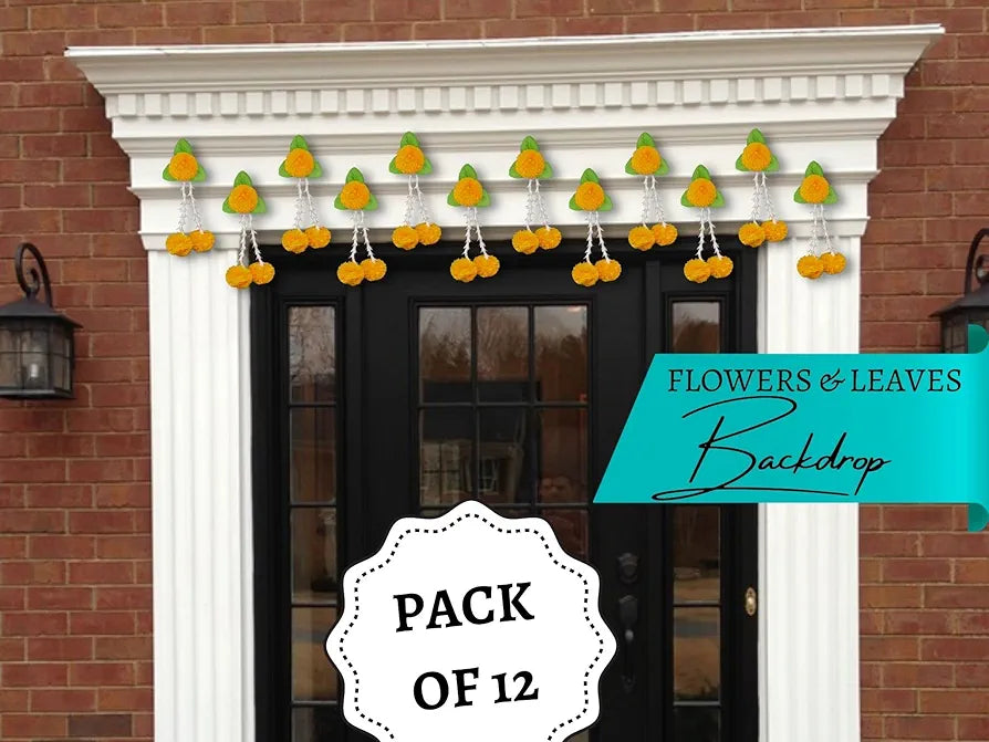 Plastic Artificial Flowers And Leaves Decoration Pack of 12 - L Orange & Green