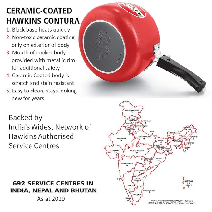Hawkins 5 Litre Contura Pressure Cooker Ceramic Coated Handi Inner Lid Cooker Tomato Red CTR50