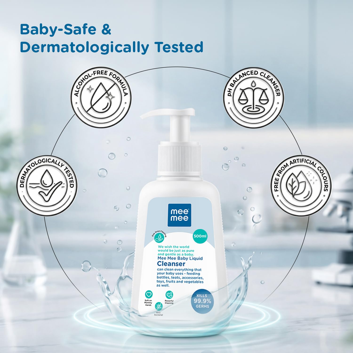 Mee Mee Baby Liquid Cleanser 500 ml, Anti-Bacterial Kills 99.9% Germs | for Bottles, Nipples, Accessories, Toys, Fruits & Vegetables | No Alcohol, Dermatologically Tested
