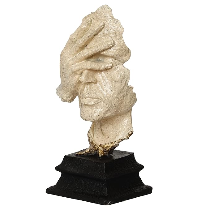 Ecraftindia White Antique Finish Man Hand on Face Handcrafted Decorative Polyresin Showpiece