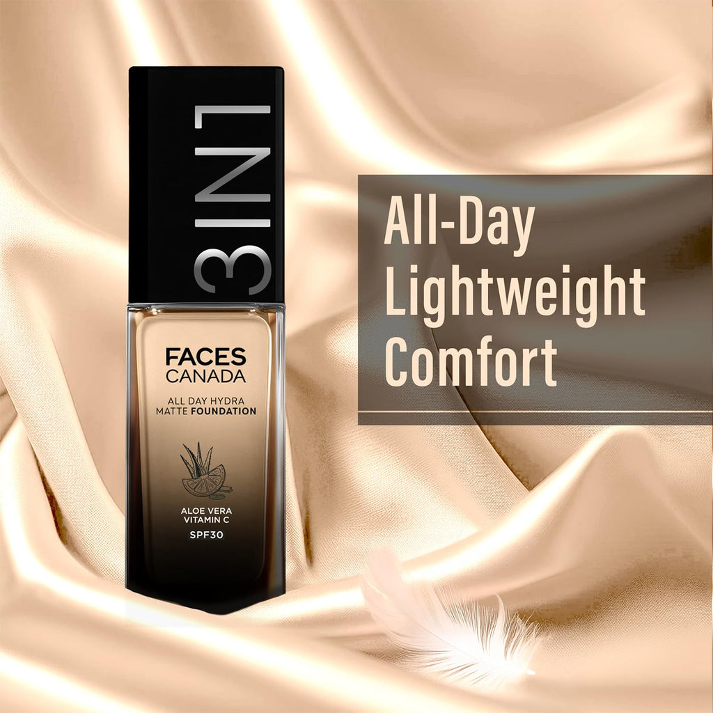 FACES CANADA All Day Hydra Matte Foundation | 3-in-1 Foundation + Moisturizer + SPF 30 | 24 HR Aloe Hydration & Vitamin C | 10HR Long Wear | Medium to High Buildable Coverage | Soft Sand 041 | 25ml