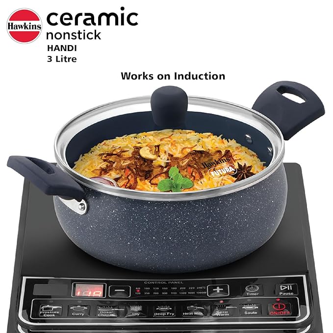 Hawkins Ceramic Nonstick Handi with Glass Lid 3 litre, Induction Biryani Pot