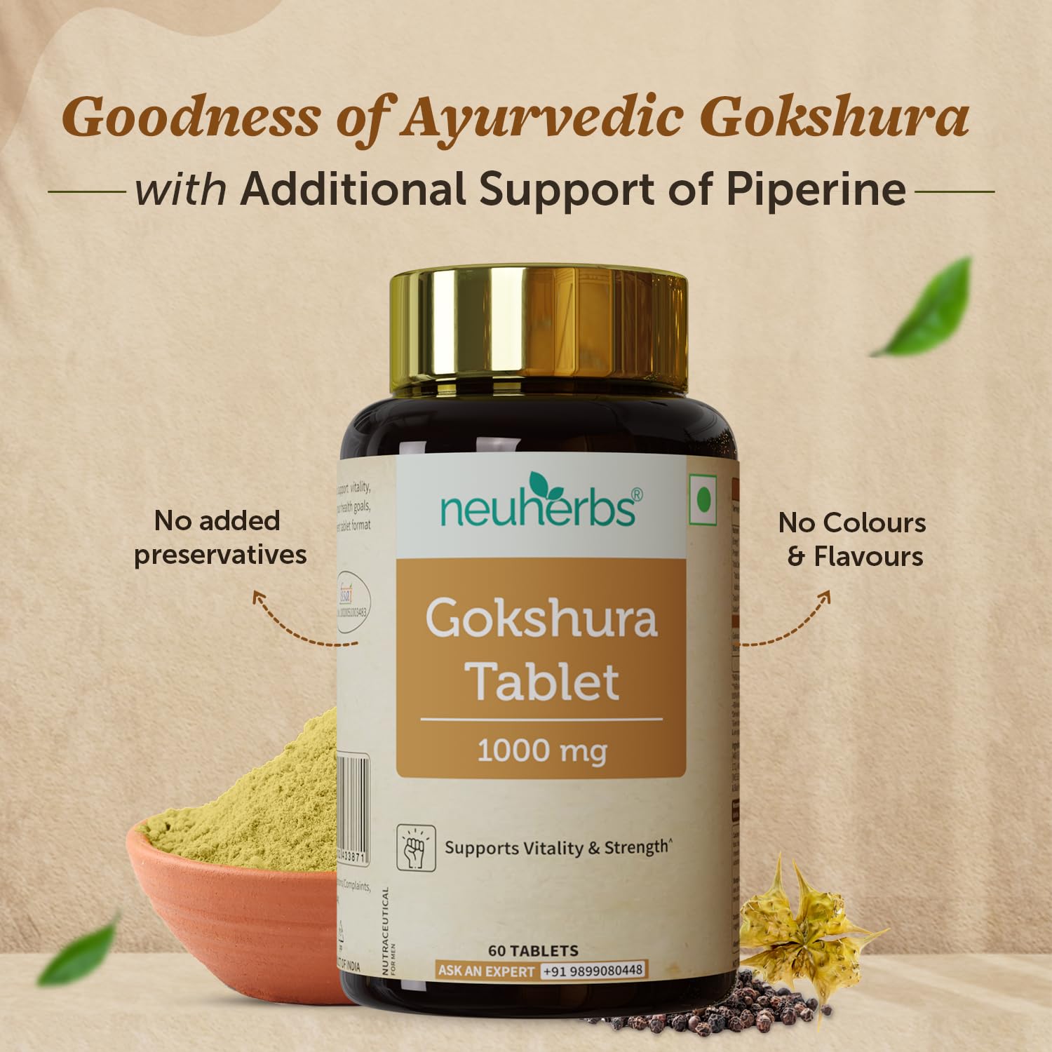 Neuherbs Gokshura Tablets 1000mg | Tribulus Terrestris/Gokhru Supplement For Men | Boost Energy, Strength & Testosterone | With No Added Preservatives - 60 Tablets