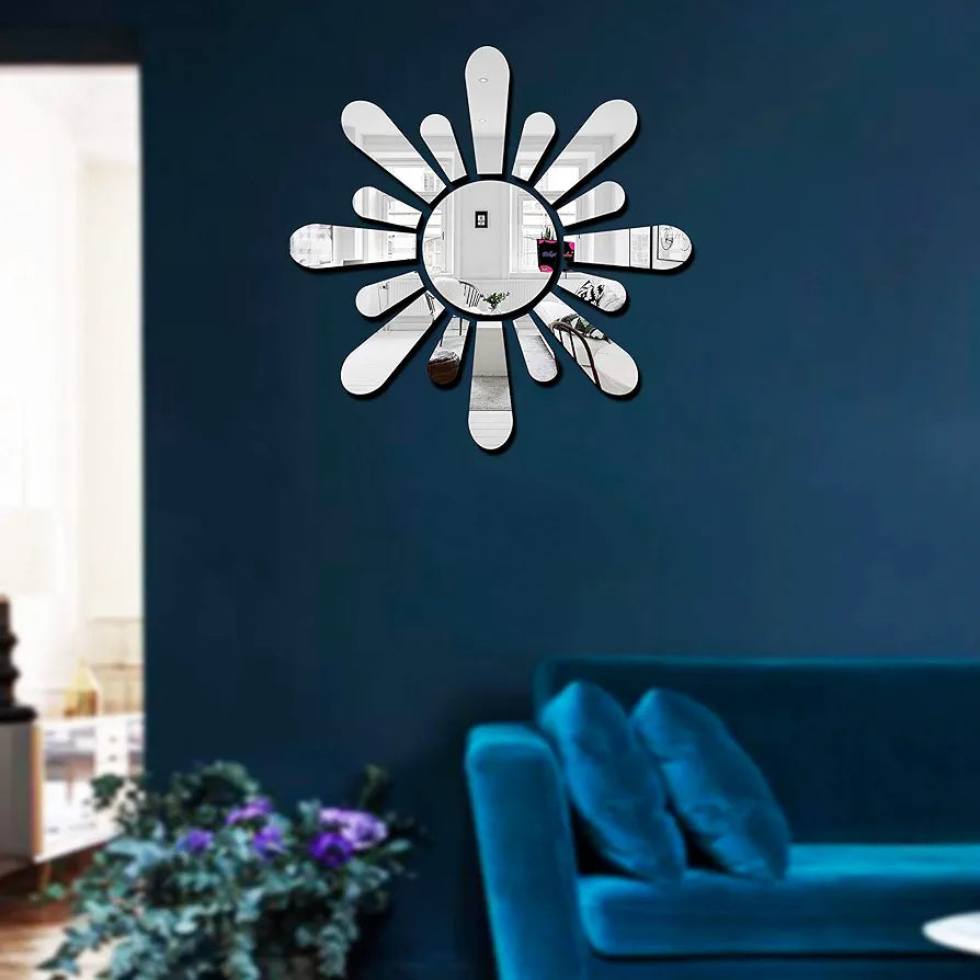 Bikri Kendra Sun Silver Model-12 Mirror Stickers for Wall, Acrylic Mirror Wall Decor Sticker