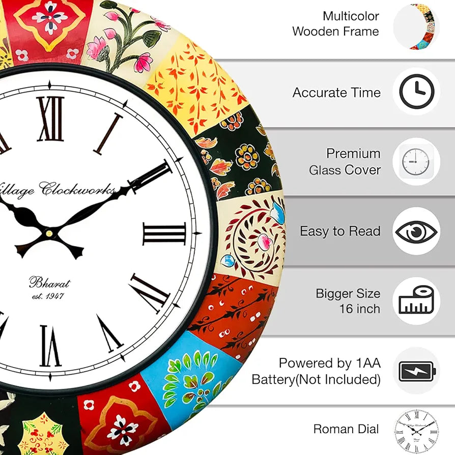 RoyalsCart Handmade Wooden Analog Wall Clock Ethnic Multicolour Hand Painted Clock Size - 16 inches [KTWC186] Elegant Painting