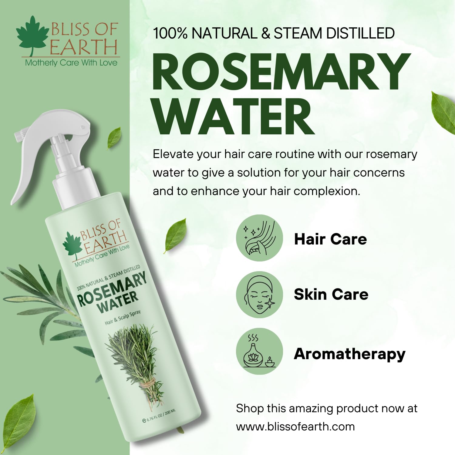 Bliss of Earth Rosemary Water Spray For Hair Growth 200ml, 100% Natural Steam Distilled Rosemary Water For Hair & Skin, Helps Reduce Hair fall, Strengthens Hair.