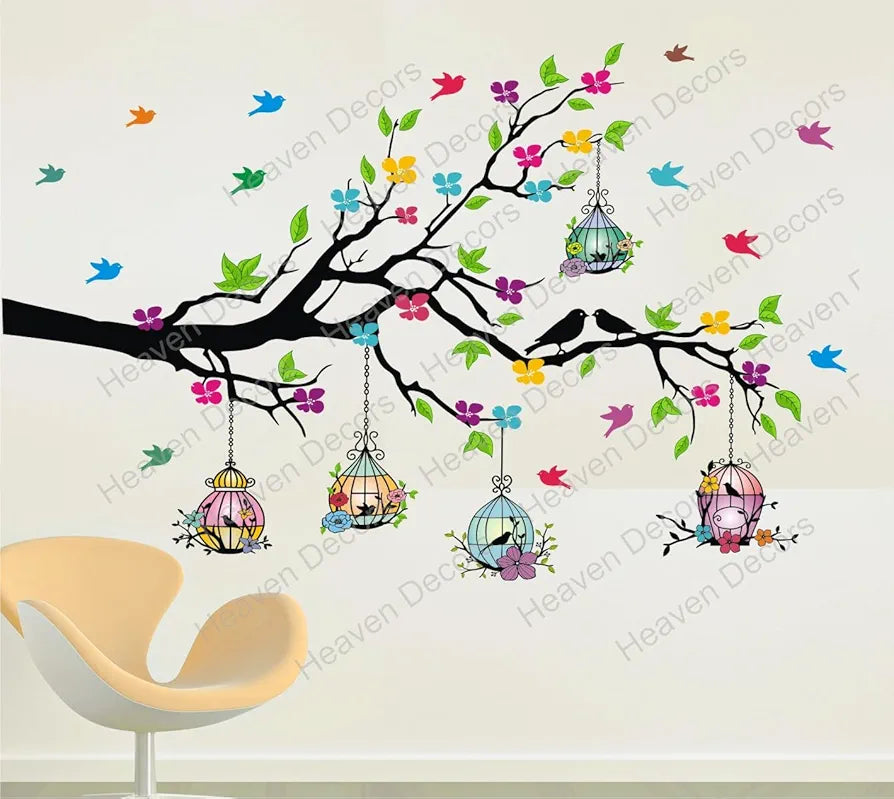 Heaven Decors Vinyl Self-Adhesive Natural Tree with Birdcage & Birds Flying Wall Sticker,Multicolour