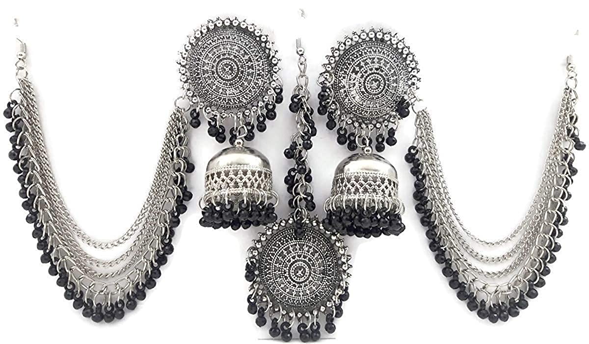 Silver-Plated Alloy Silver Black Earrings With Hair Extension - The Pari