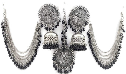 Silver-Plated Alloy Silver Black Earrings With Hair Extension - The Pari