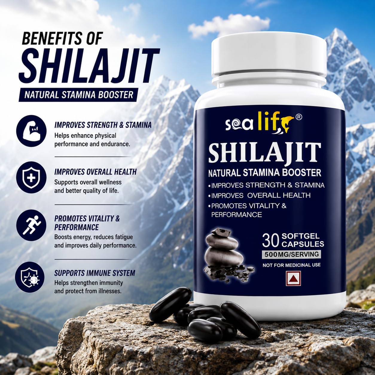Sea Life Shilajit Softgel Capsules 500 mg | Pure Natural Shilajit Extract Capsules,Boost Immunity, strength & Energy, Supports Metabolism (30 Capsules) Pack of-1