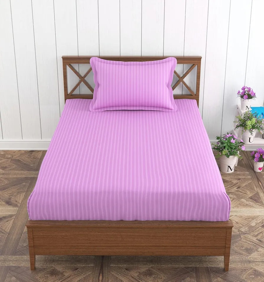 Trance Home Linen 100% Cotton 78x36 inch Single Fitted 200TC Satin Stripe Elastic Fitted Bedsheet Bedspread with 1 Pillow Covers Colour Pink
