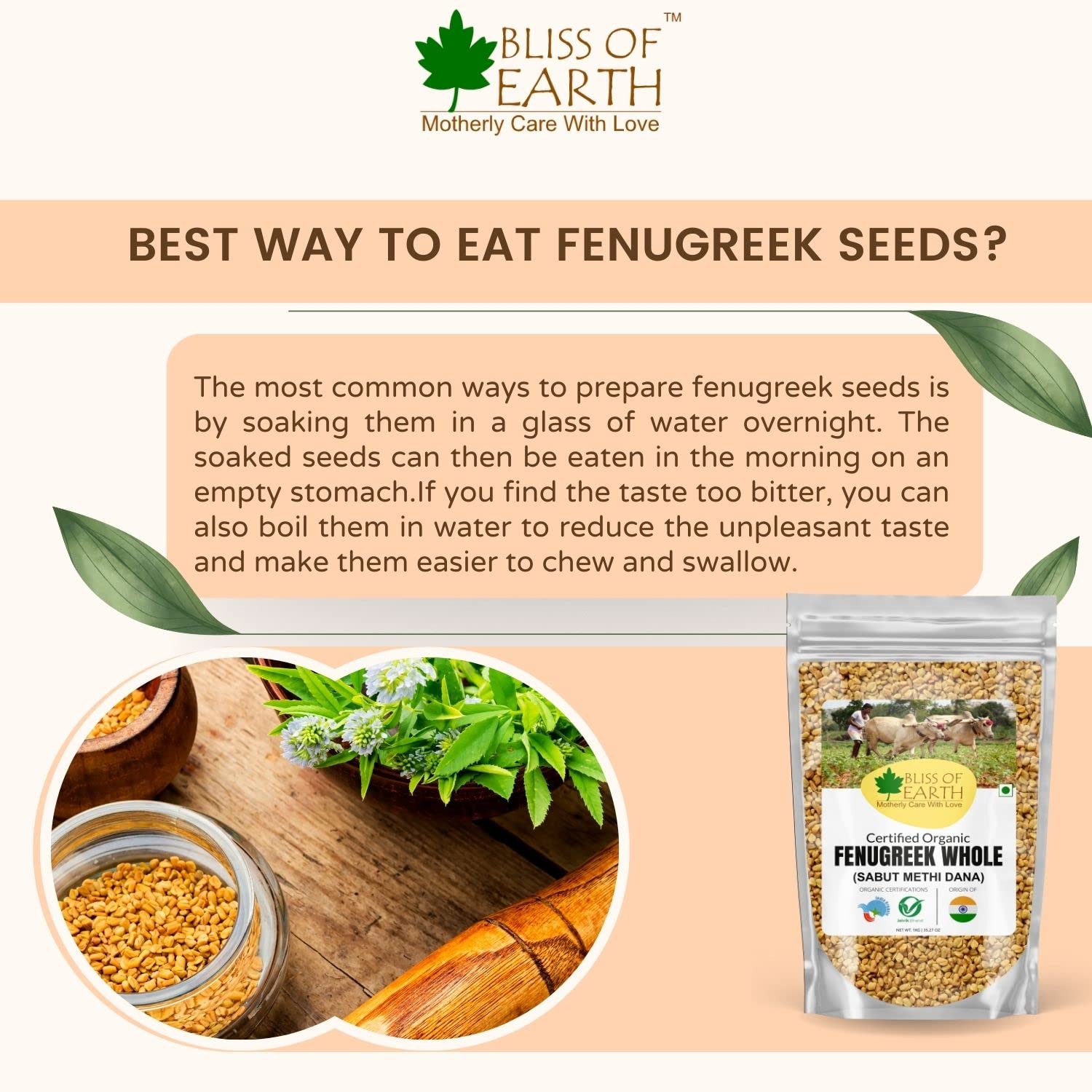 Bliss of Earth 700GM Certified Organic Fenugreek Seed Whole, Sabut Methi Dana