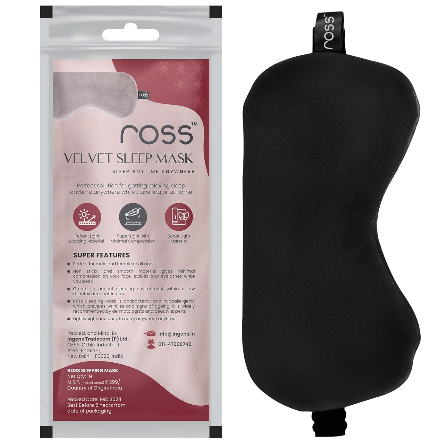 Ross Breathable Fabric Sleep Eye Mask â€“ Ultra-Soft, Smooth & Cozy with Adjustable Strap for Ultimate Comfort, Light Blocking & Deep Sleep â€“ Perfect for Travel, Meditation, Naps, Relaxation & Stress Relief - Black