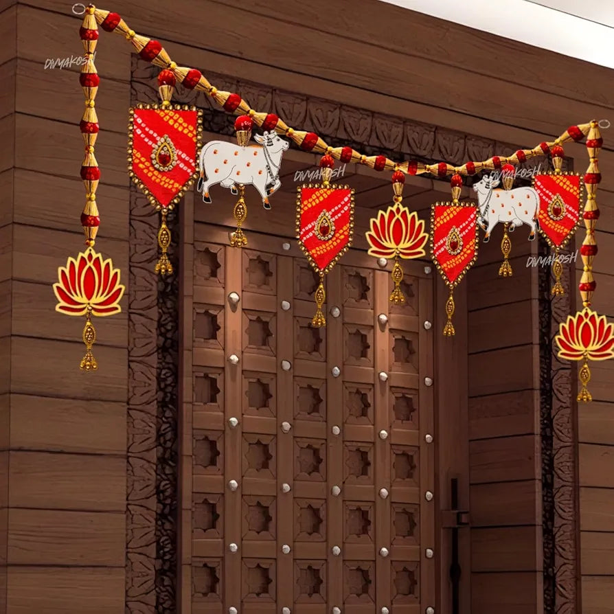 Synthetic Toran 38 Inch Extendable to 40 Inch Multicolour Lotus Cow Style