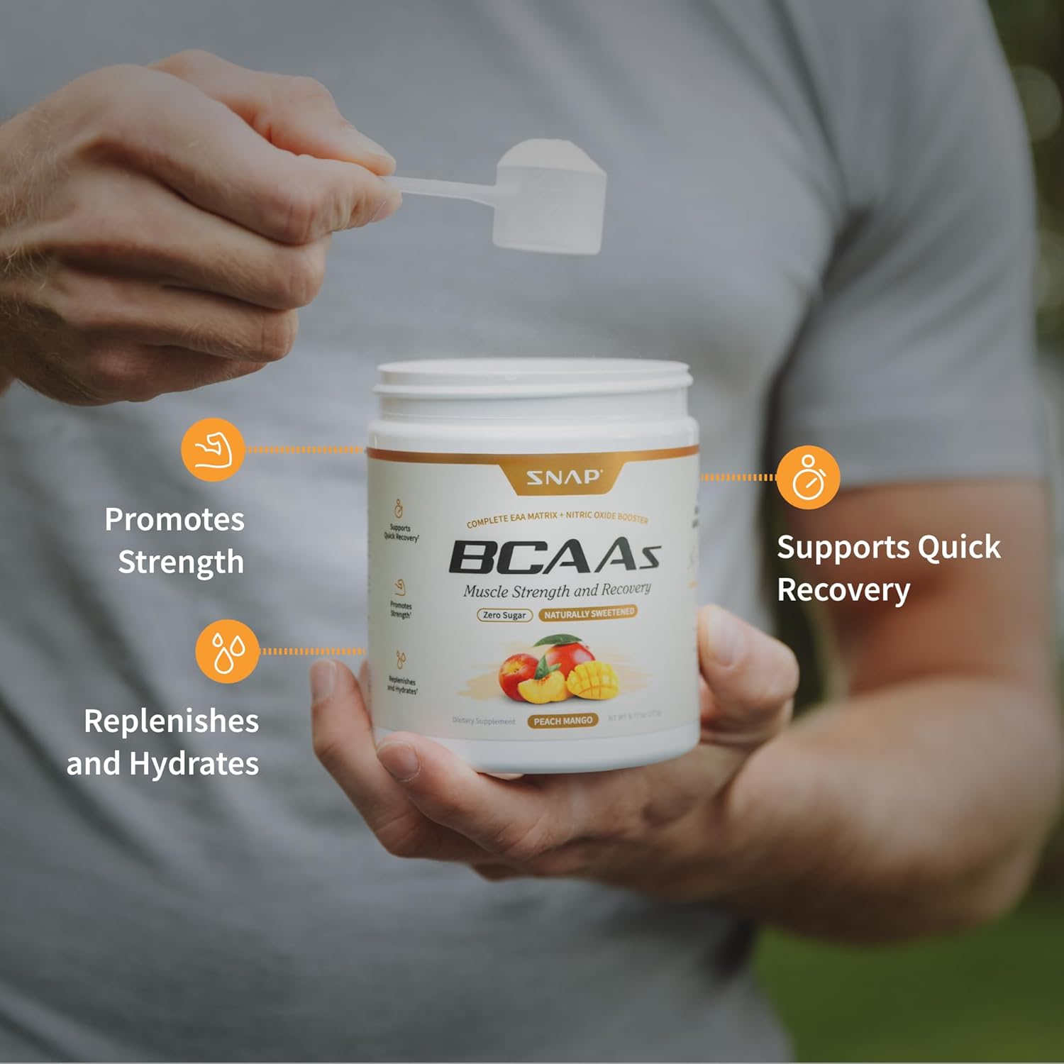 Snap Supplements BCAA Powder - 5g Vegan Branched Chain Amino Acids (2:1:1 Leucine Isoleucine Valine) + Essential Amino Acids with Nitric Oxide Booster, 30 Servings, Peach Mango